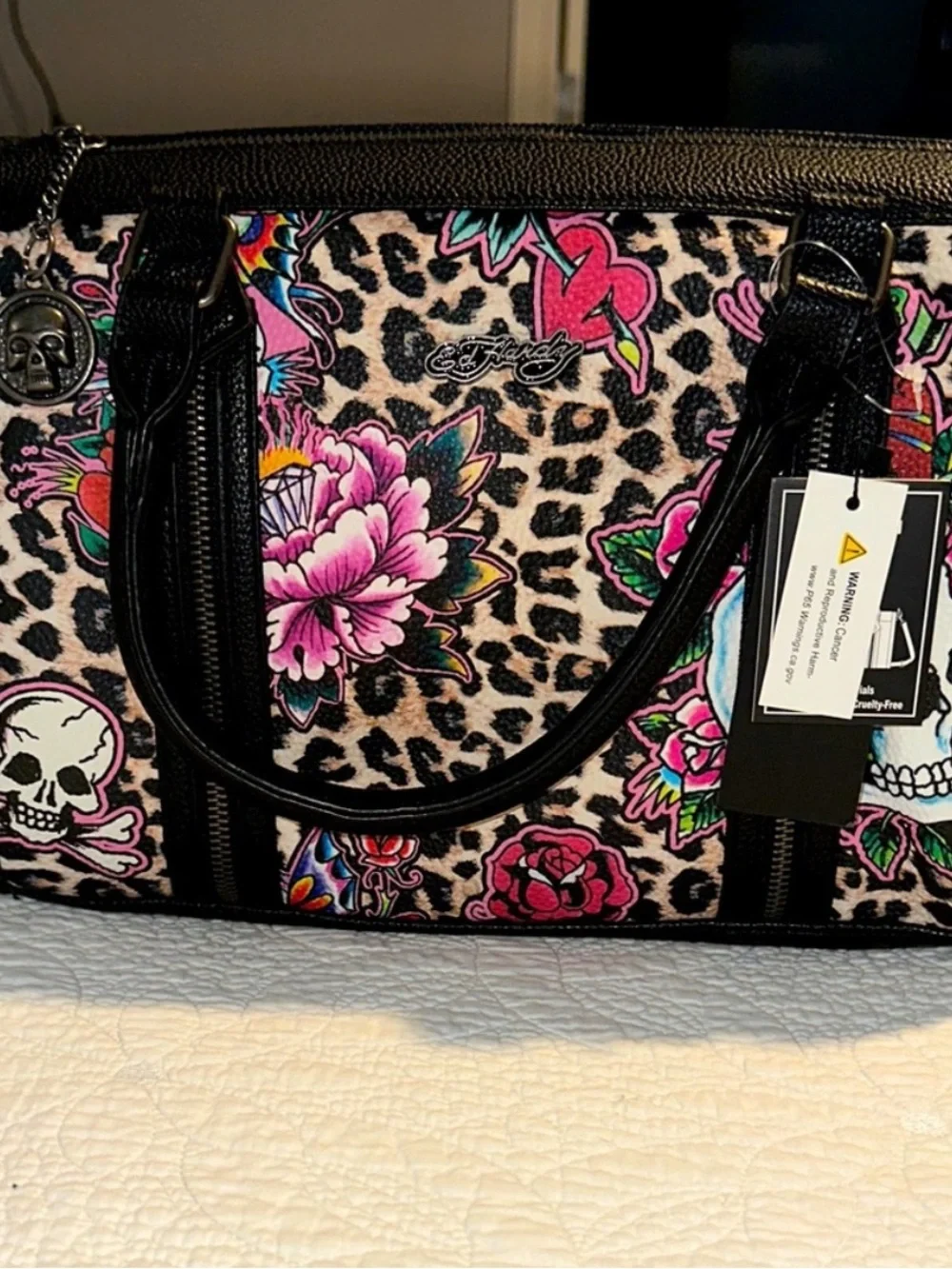 Ed Hardy Black & Pink Floral Leopard Satchel